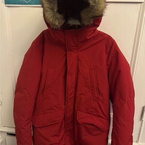 Uniqlo Men's Red Puffer Jacket with Fur Hood